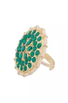 Traditional Green Kundan & Pearl Studded Adjustable Finger Ring for Women (FL202G)