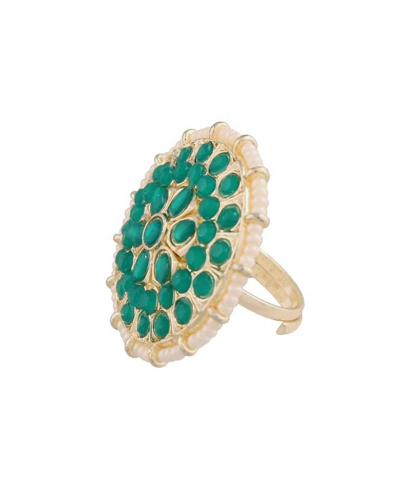 Traditional Green Kundan & Pearl Studded Adjustable Finger Ring for Women (FL202G)