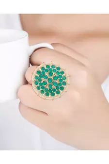 Traditional Green Kundan & Pearl Studded Adjustable Finger Ring for Women (FL202G)