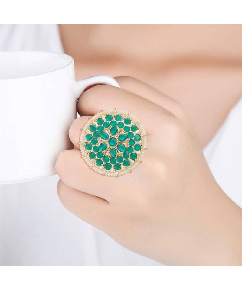 Traditional Green Kundan & Pearl Studded Adjustable Finger Ring for Women (FL202G)