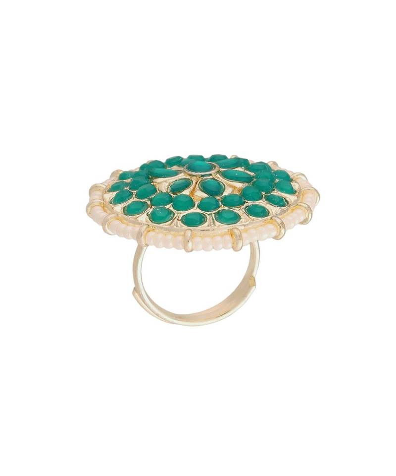 Traditional Green Kundan & Pearl Studded Adjustable Finger Ring for Women (FL202G)