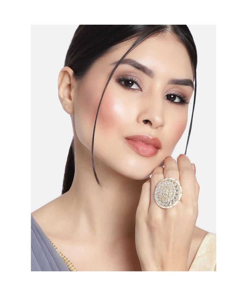 Traditional White Kundan & Pearl Studded Adjustable Finger Ring for Women 