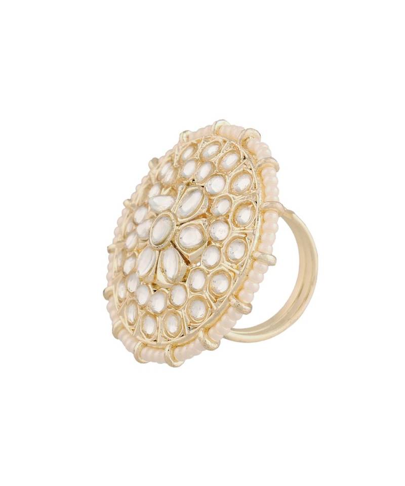 Traditional White Kundan & Pearl Studded Adjustable Finger Ring for Women 