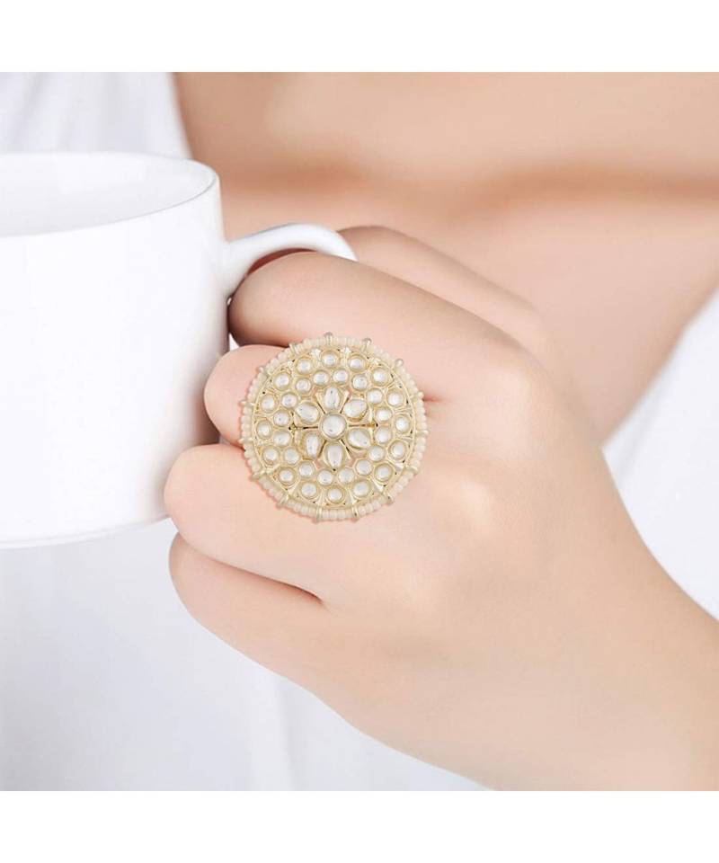 Traditional White Kundan & Pearl Studded Adjustable Finger Ring for Women 