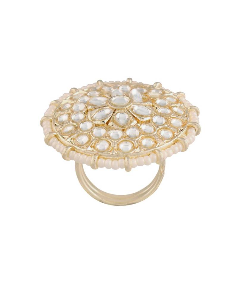 Traditional White Kundan & Pearl Studded Adjustable Finger Ring for Women 