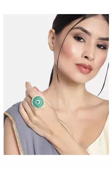 Traditional Green Kundan & Pearl Studded Adjustable Finger Ring for Women 