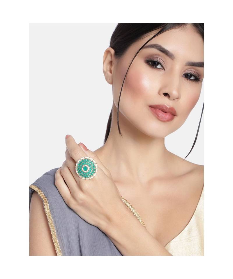 Traditional Green Kundan & Pearl Studded Adjustable Finger Ring for Women 