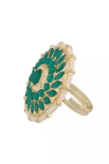Traditional Green Kundan & Pearl Studded Adjustable Finger Ring for Women 