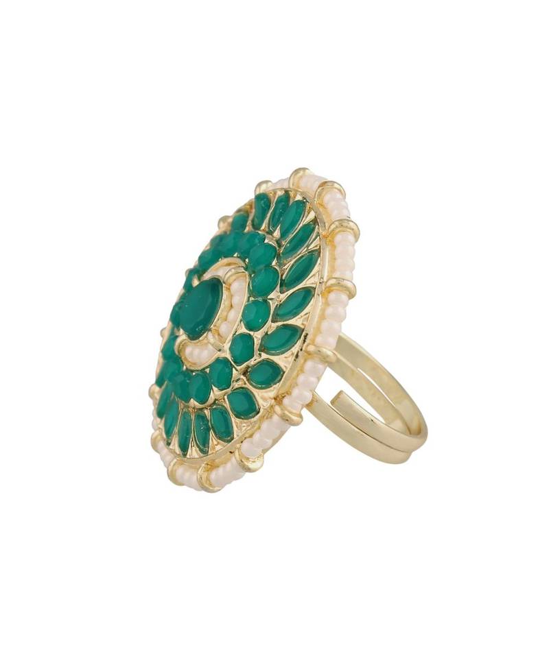 Traditional Green Kundan & Pearl Studded Adjustable Finger Ring for Women 