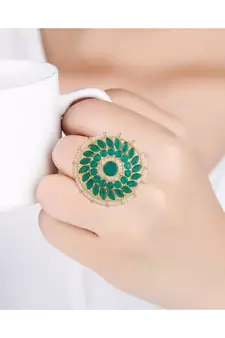 Traditional Green Kundan & Pearl Studded Adjustable Finger Ring for Women 