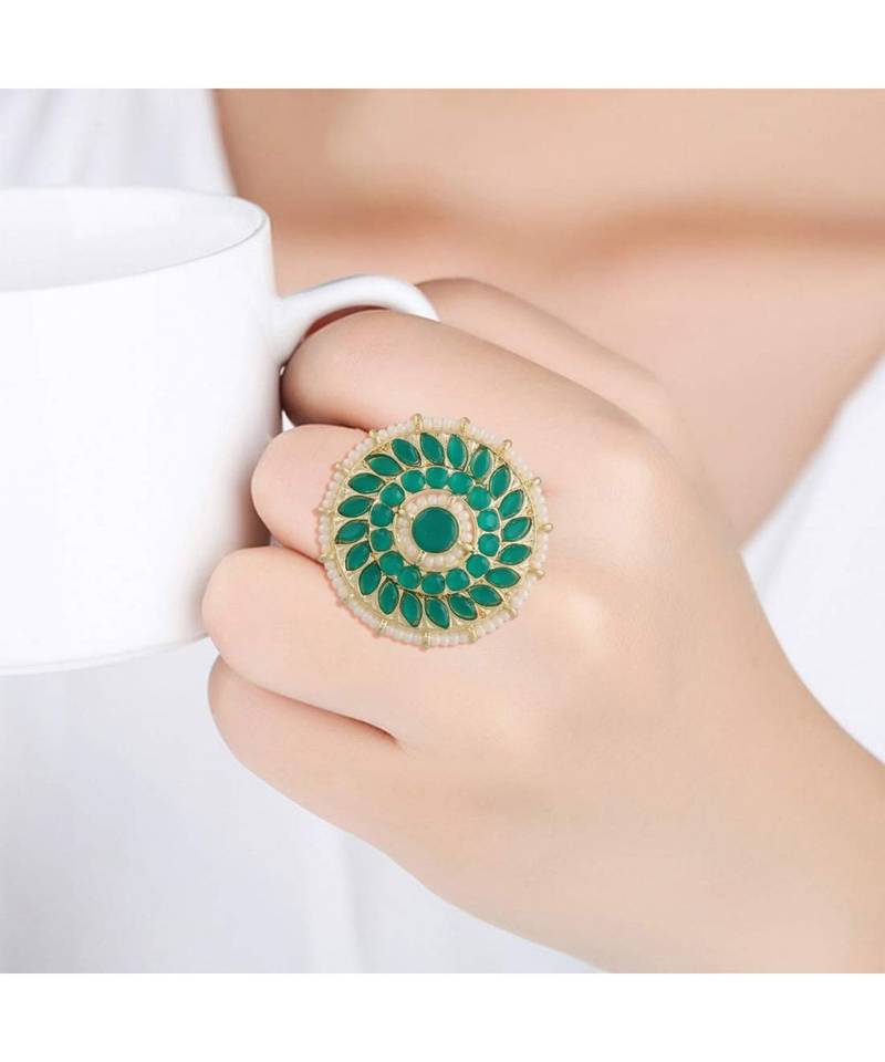 Traditional Green Kundan & Pearl Studded Adjustable Finger Ring for Women 