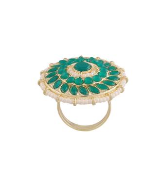 Traditional Green Kundan & Pearl Studded Adjustable Finger Ring for Women  5