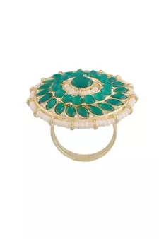 Traditional Green Kundan & Pearl Studded Adjustable Finger Ring for Women 