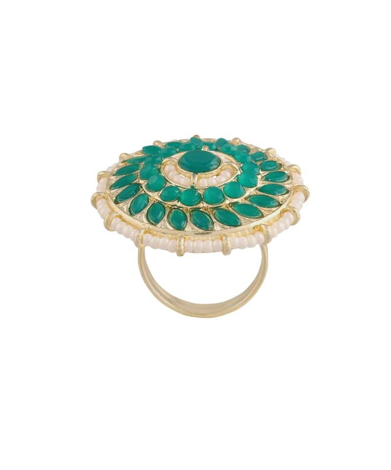 Traditional Green Kundan & Pearl Studded Adjustable Finger Ring for Women 