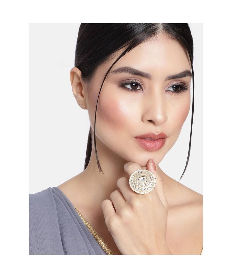 Traditional White Kundan & Pearl Studded Adjustable Finger Ring for Women 