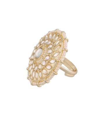 Traditional White Kundan & Pearl Studded Adjustable Finger Ring for Women  3