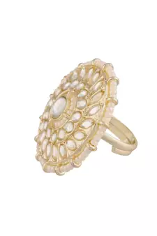 Traditional White Kundan & Pearl Studded Adjustable Finger Ring for Women 