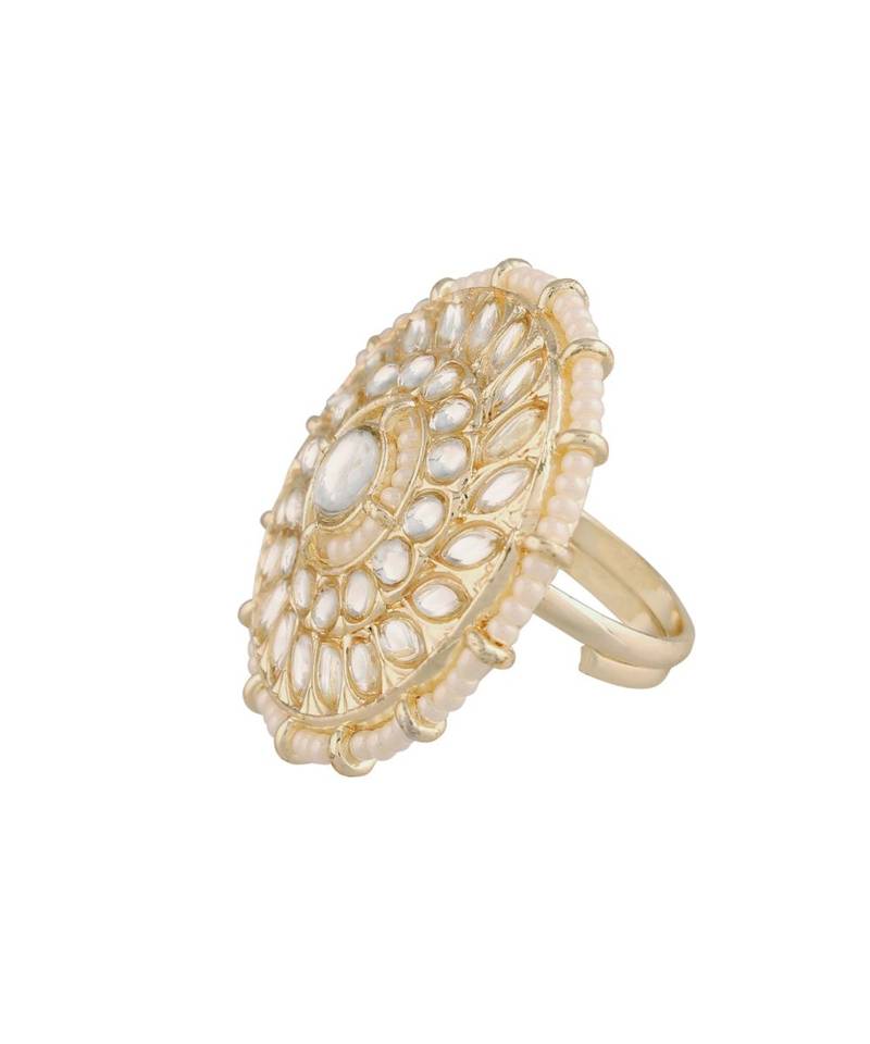 Traditional White Kundan & Pearl Studded Adjustable Finger Ring for Women 