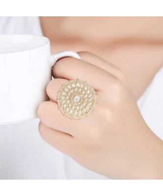 Traditional White Kundan & Pearl Studded Adjustable Finger Ring for Women  4