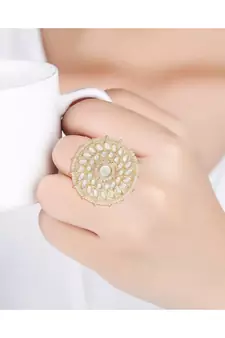Traditional White Kundan & Pearl Studded Adjustable Finger Ring for Women 