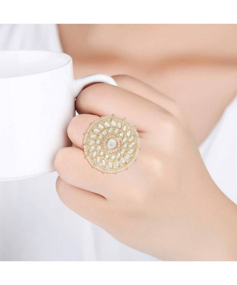 Traditional White Kundan & Pearl Studded Adjustable Finger Ring for Women 