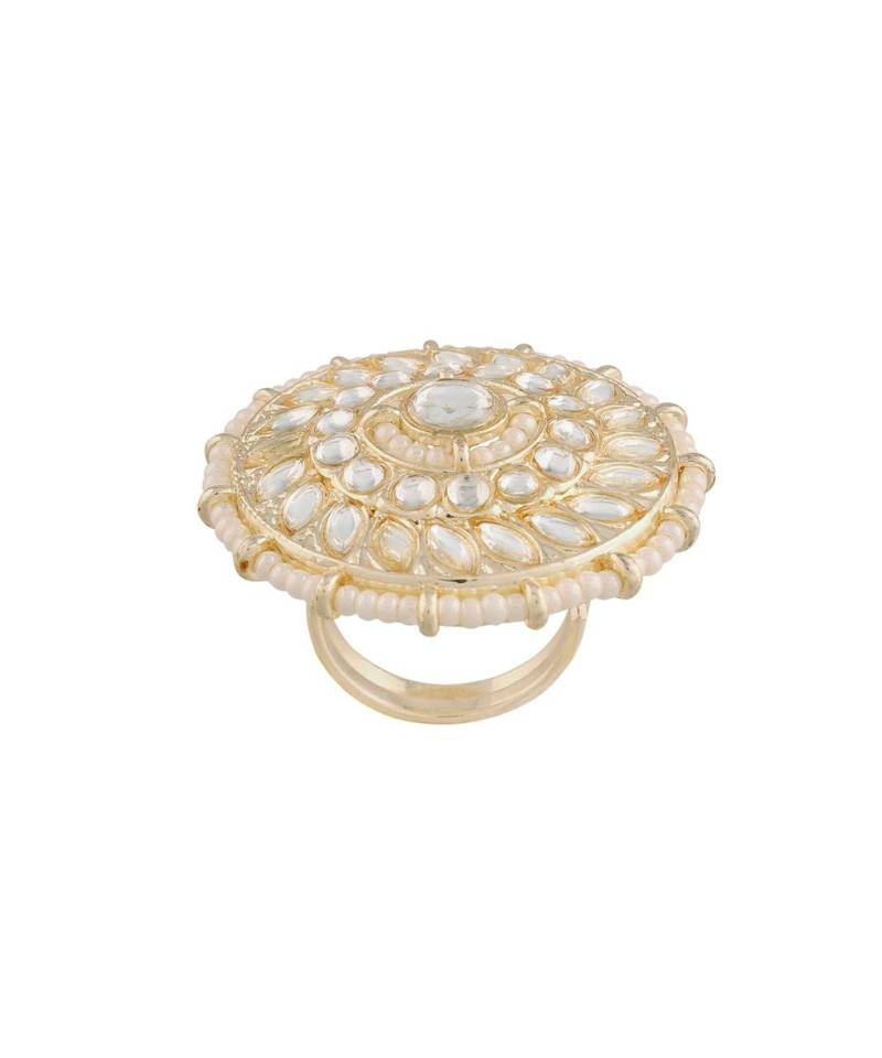 Traditional White Kundan & Pearl Studded Adjustable Finger Ring for Women 