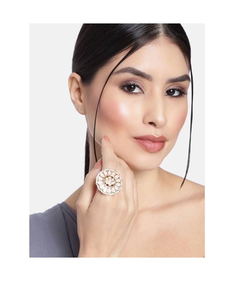 Traditional Pink Kundan & Pearl Studded Adjustable Finger Ring for Women 