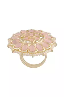 Traditional Pink Kundan & Pearl Studded Adjustable Finger Ring for Women 