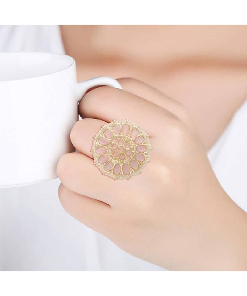 Traditional Pink Kundan & Pearl Studded Adjustable Finger Ring for Women 