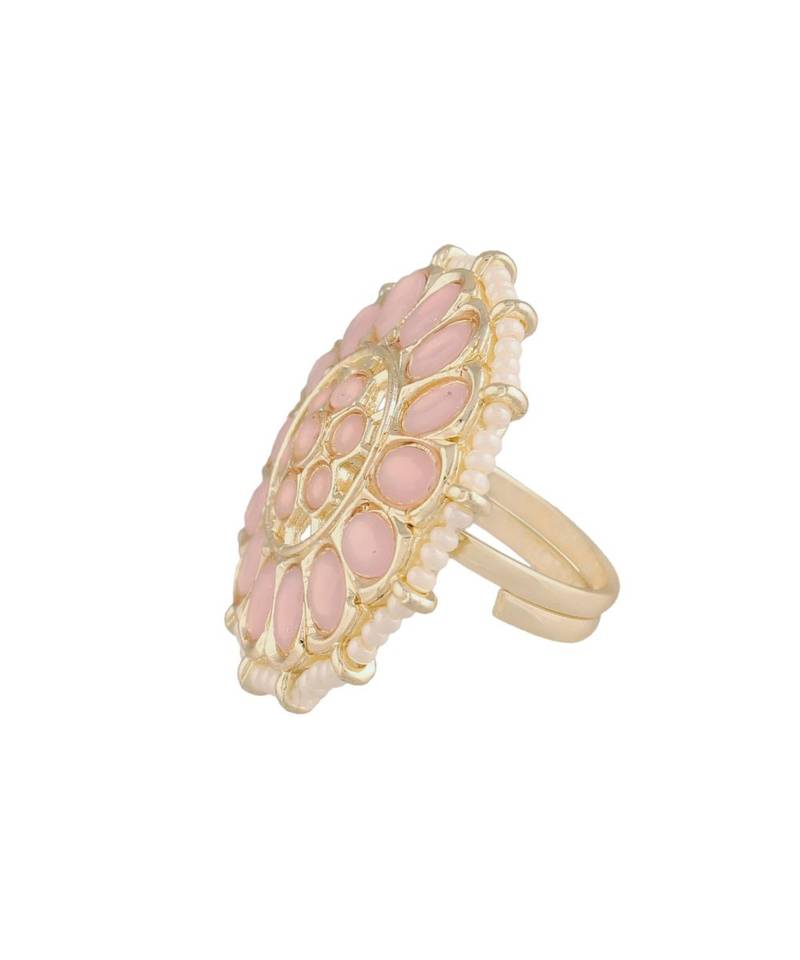 Traditional Pink Kundan & Pearl Studded Adjustable Finger Ring for Women 