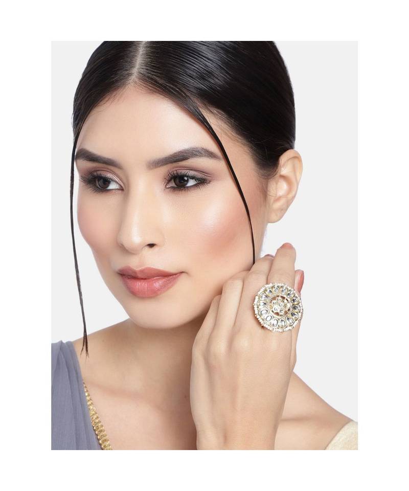  Traditional White Kundan & Pearl Studded Adjustable Finger Ring for Women 