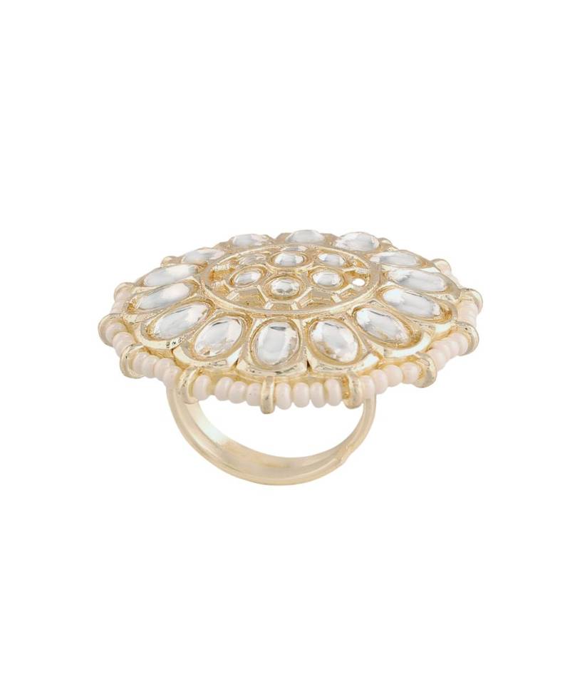  Traditional White Kundan & Pearl Studded Adjustable Finger Ring for Women 