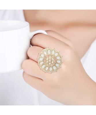  Traditional White Kundan & Pearl Studded Adjustable Finger Ring for Women  4