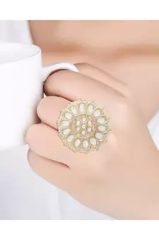  Traditional White Kundan & Pearl Studded Adjustable Finger Ring for Women 