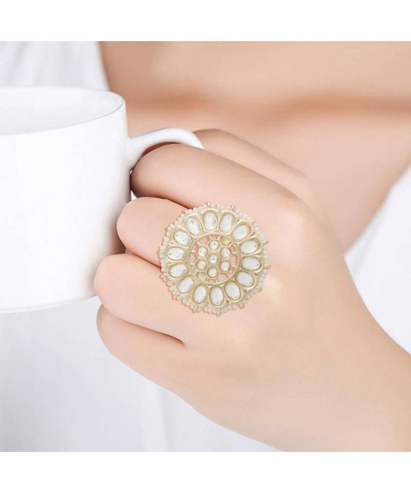  Traditional White Kundan & Pearl Studded Adjustable Finger Ring for Women 