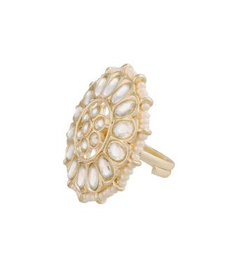  Traditional White Kundan & Pearl Studded Adjustable Finger Ring for Women  5