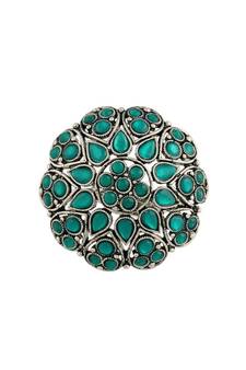 Silver Oxidized Green Kundan Work Designer Adjustable Finger Ring for Women (FL206G)