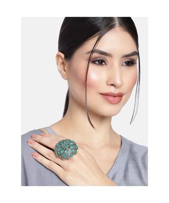 Silver Oxidized Green Kundan Work Designer Adjustable Finger Ring for Women  2