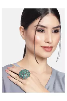 Silver Oxidized Green Kundan Work Designer Adjustable Finger Ring for Women 