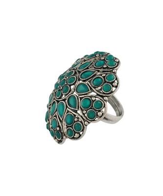 Silver Oxidized Green Kundan Work Designer Adjustable Finger Ring for Women  3