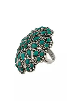 Silver Oxidized Green Kundan Work Designer Adjustable Finger Ring for Women 