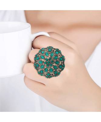 Silver Oxidized Green Kundan Work Designer Adjustable Finger Ring for Women  4