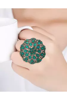 Silver Oxidized Green Kundan Work Designer Adjustable Finger Ring for Women 