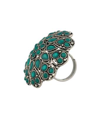 Silver Oxidized Green Kundan Work Designer Adjustable Finger Ring for Women  5