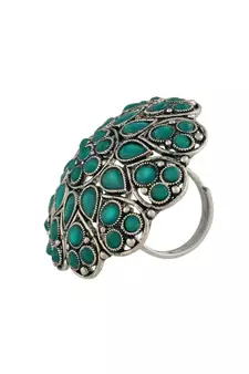 Silver Oxidized Green Kundan Work Designer Adjustable Finger Ring for Women 