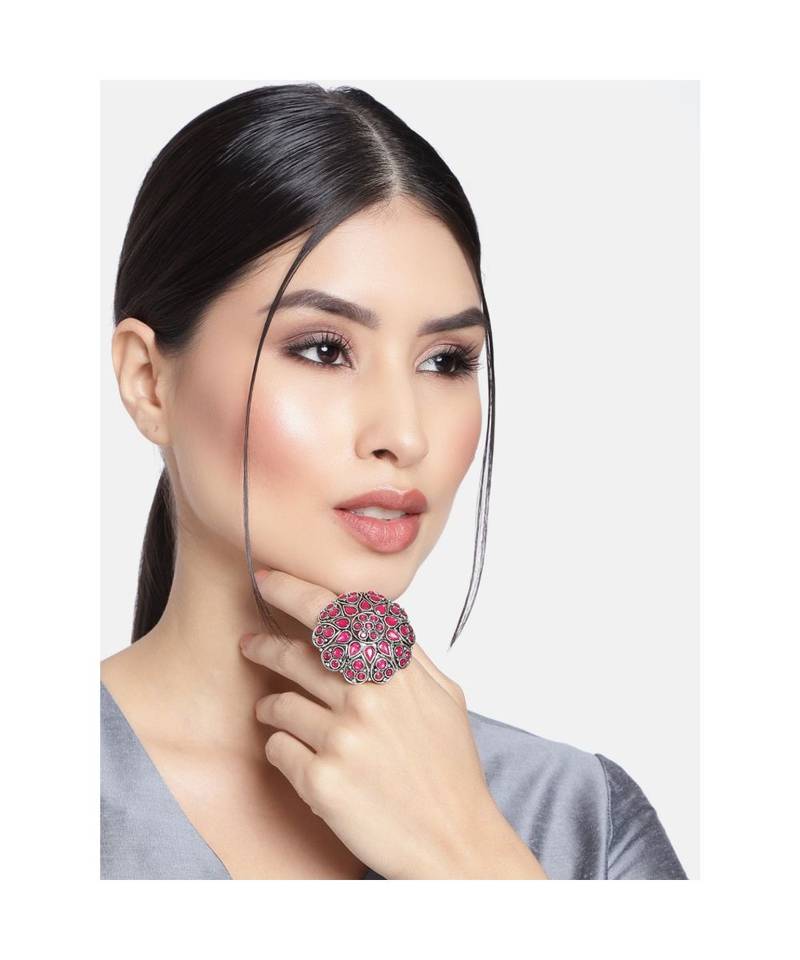 Silver Oxidized Pink Kundan Work Designer Adjustable Finger Ring for Women 