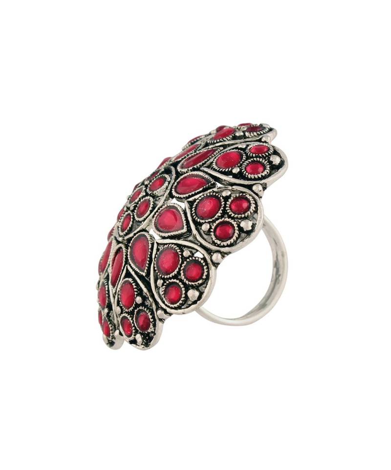 Silver Oxidized Pink Kundan Work Designer Adjustable Finger Ring for Women 