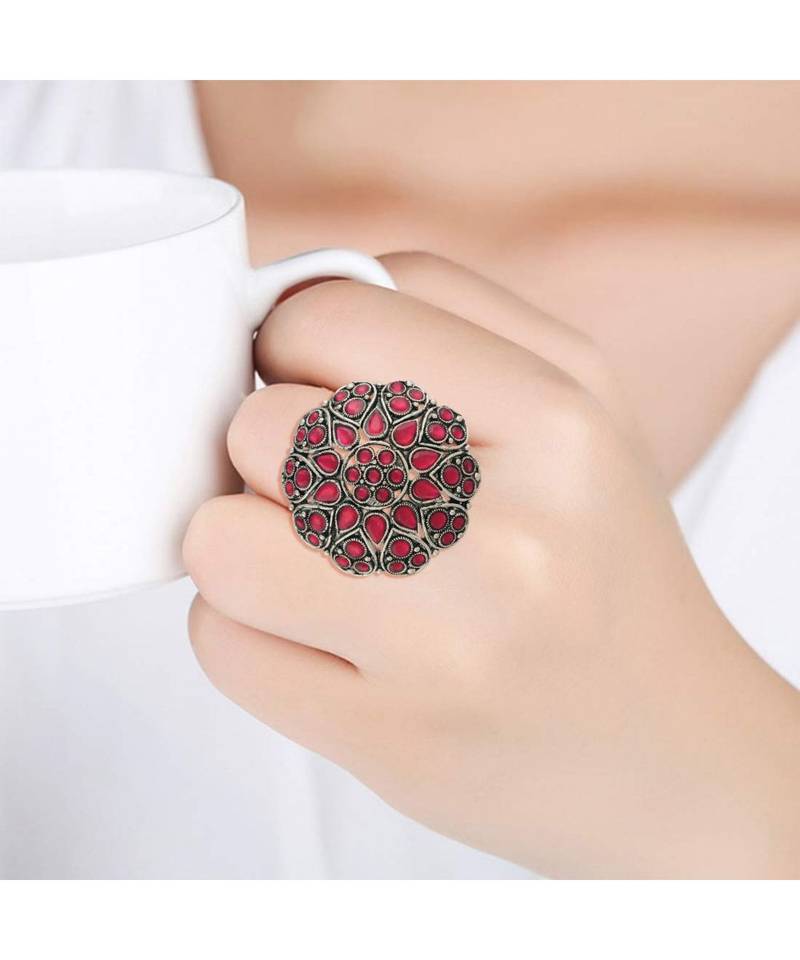 Silver Oxidized Pink Kundan Work Designer Adjustable Finger Ring for Women 