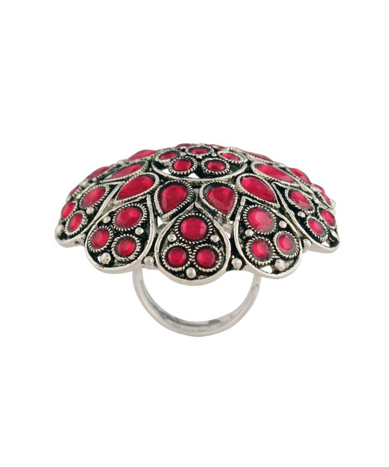 Silver Oxidized Pink Kundan Work Designer Adjustable Finger Ring for Women 