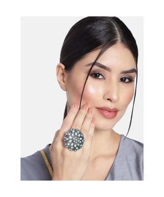 Silver Oxidized Sky Blue Kundan Work Designer Adjustable Finger Ring for Women  2